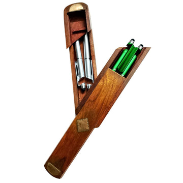 santarms Handmade Wooden Pen Pencil Box for Boys, Girls, School Use | Antique Brass Inlay Sliding Lid Pencil Holder Case for Kids