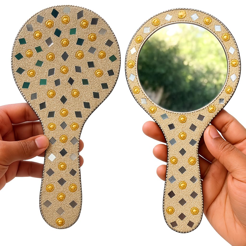 santarms Handcrafted Decorative Makeup Mirror – Vintage Handheld Vanity Mirror with Mirror Work, Pearls & Beads | Indian Traditional Design | Portable & Stylish Gift for Women, Pack of 1