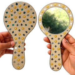 santarms Handcrafted Decorative Makeup Mirror – Vintage Handheld Vanity Mirror with Mirror Work, Pearls & Beads | Indian Traditional Design | Portable & Stylish Gift for Women, Pack of 1