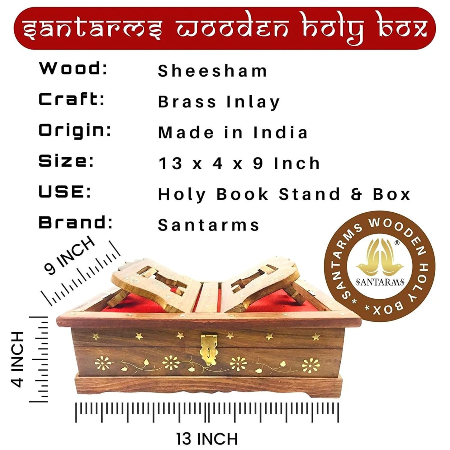 Santarms Handmade Wooden Holy Book Stand for Reading | Bible, Geeta Stand Fordable Rehal Holy Books Book Box | Quran, Granth Pooja Bhagwat Ramayan Holder with Small Box