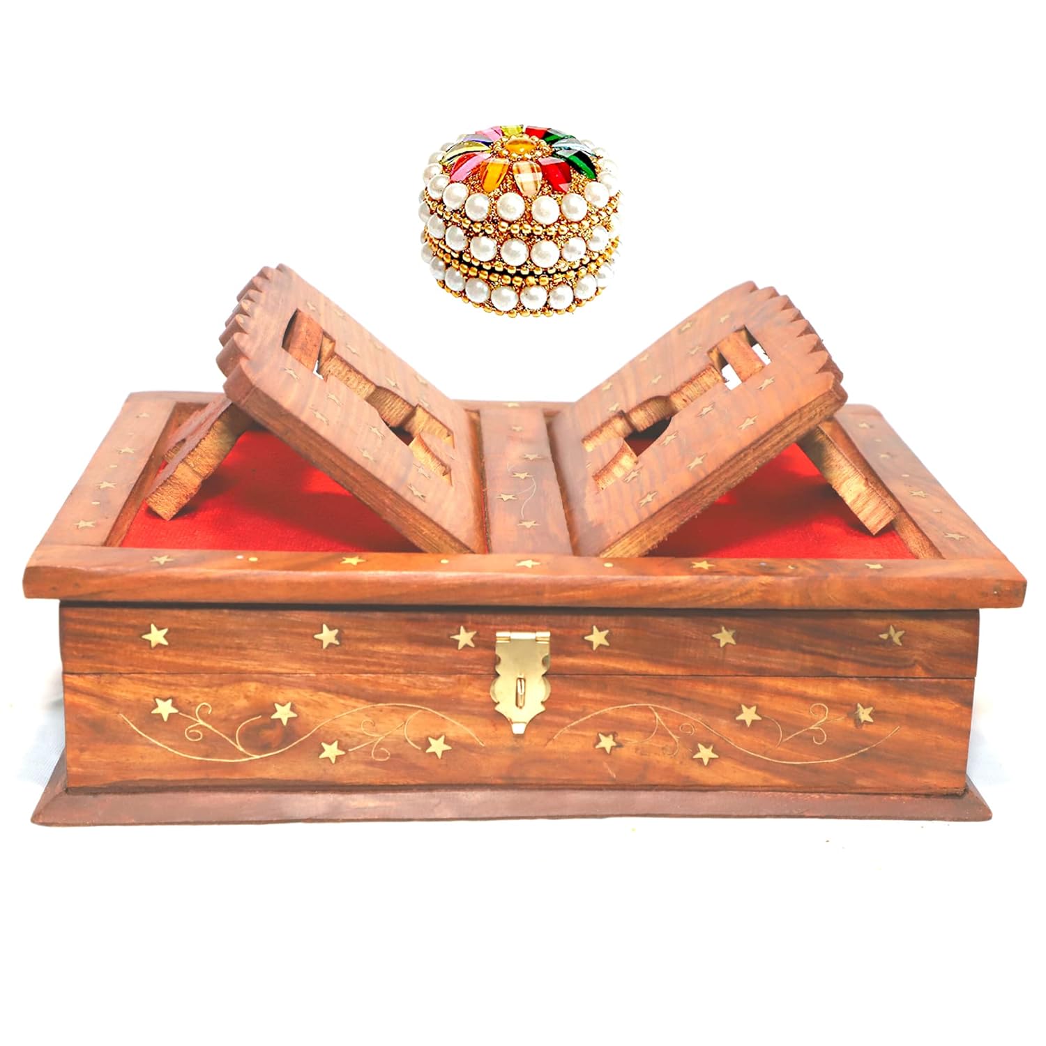 Santarms Handmade Wooden Holy Book Stand for Reading - Geeta Stand Fordable Rehal Holy Books Book Box | Quran Sharif Granth Pooja Bhagwat Ramayan Holder Rihal Bible Gita Ramayanam with Small Box
