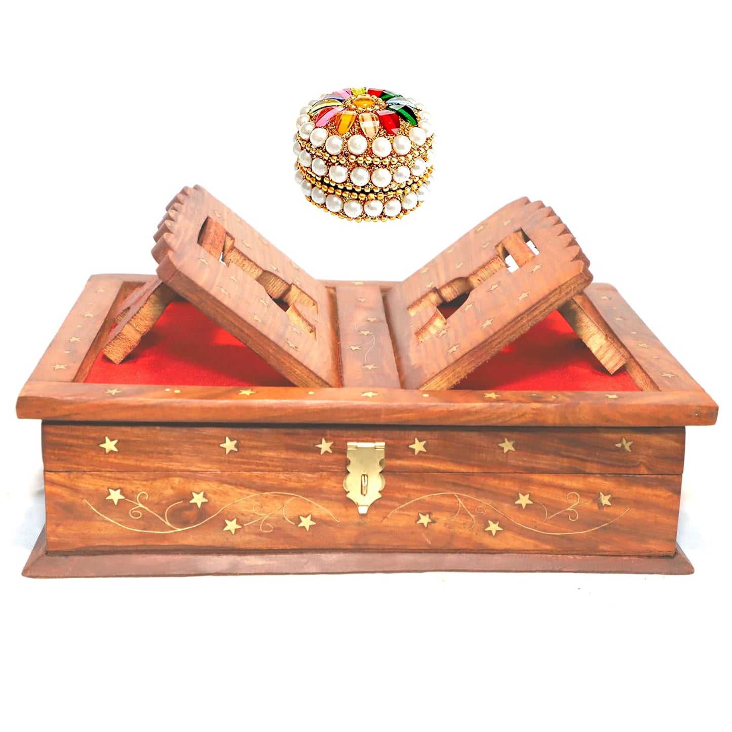 Santarms Handmade Wooden Holy Book Stand for Reading - Geeta Stand Fordable Rehal Holy Books Book Box | Quran Sharif Granth Pooja Bhagwat Ramayan Holder Rihal Bible Gita Ramayanam with Small Box