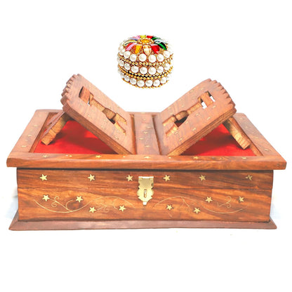 Santarms Handmade Wooden Holy Book Stand for Reading - Geeta Stand Fordable Rehal Holy Books Book Box | Quran Sharif Granth Pooja Bhagwat Ramayan Holder Rihal Bible Gita Ramayanam with Small Box