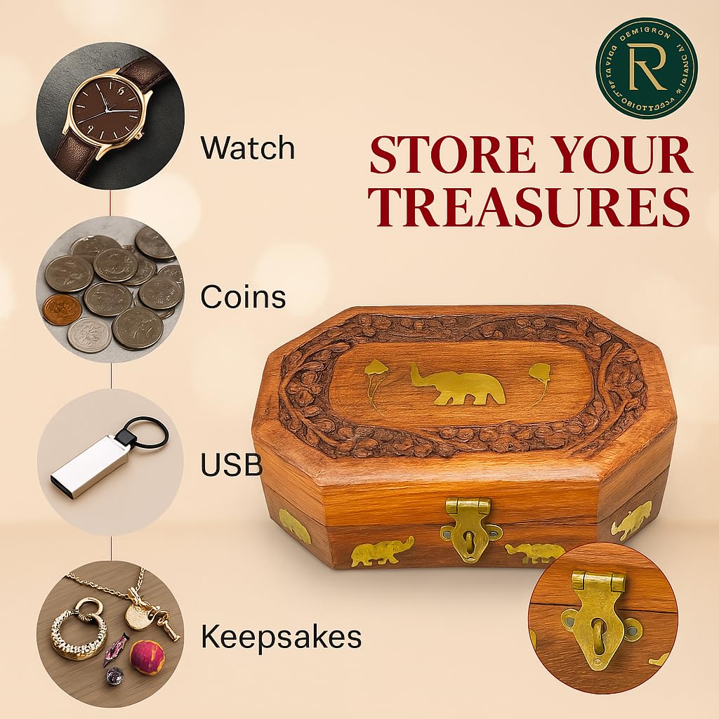 santarms Wooden Carved Box, Rosewood Jewellery Organizer, Elephant Design Vanity, Handmade Rajsthani Makeup Storage Box