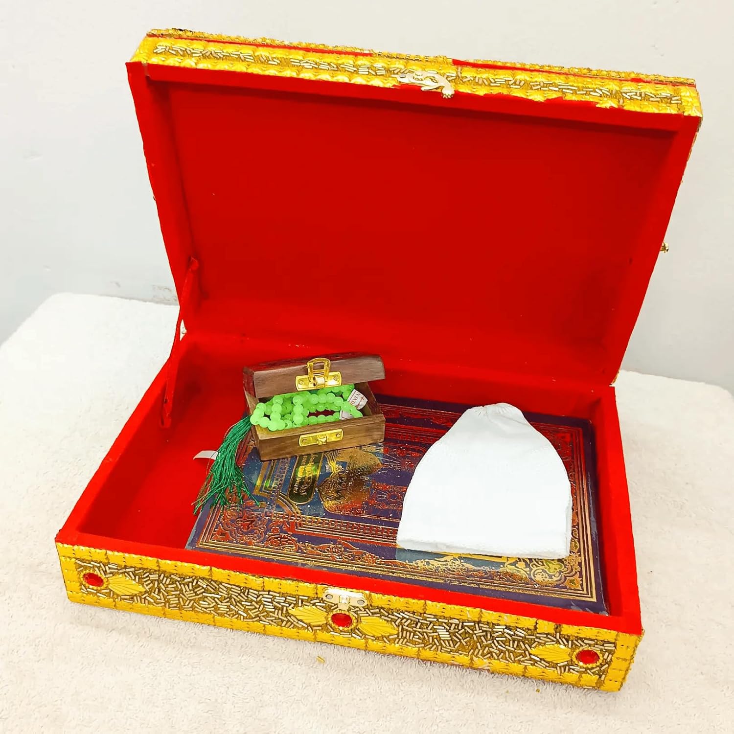 Santarms Wooden Holy Quran Pak Sharif Rehal Book Stand with Box Rihal for Kuran Shrif, Eid Gift, Inlay Work, Free (1 NAMAZ Cap + 1 Tasbih) Combo Pack