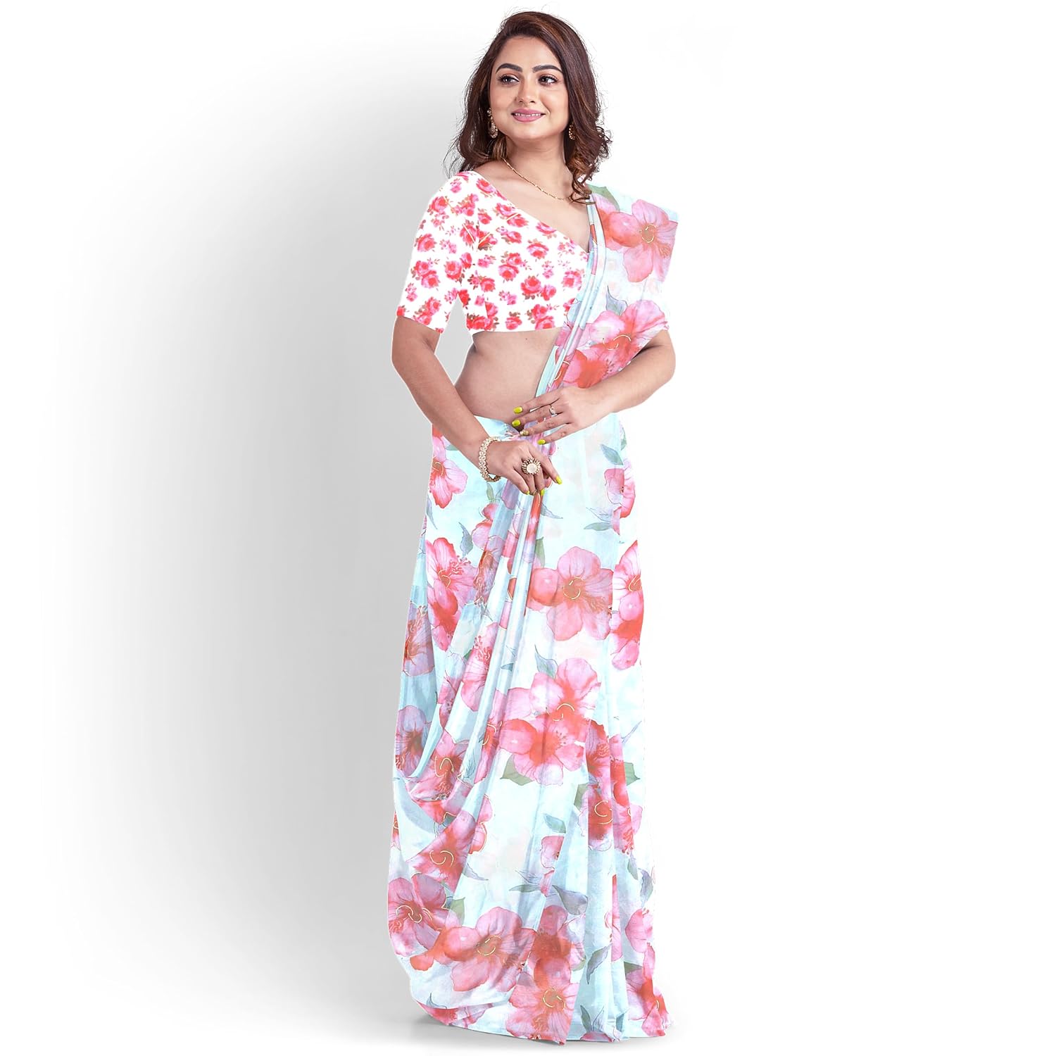 Hira Silk Organza Saree for Women, Printed Shiny Sari with Unstitched Blouse Piece for Women