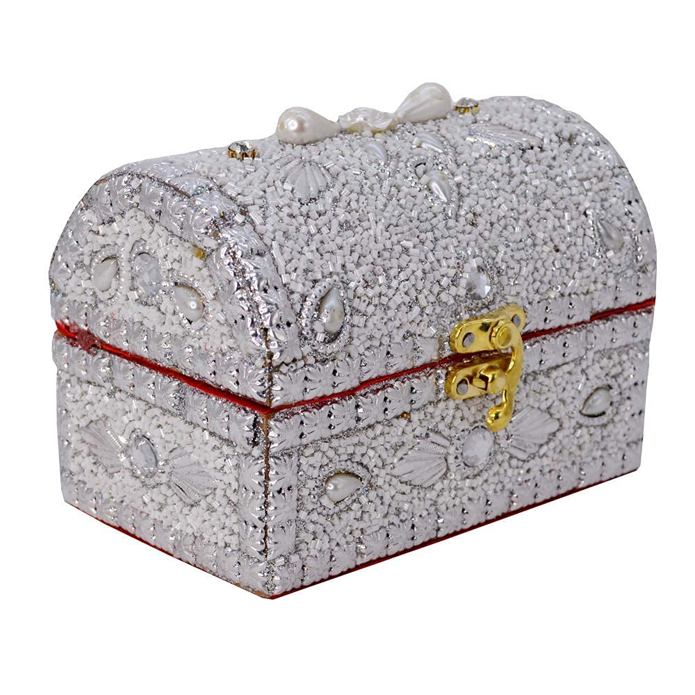 santarms Beads Work Jewellery Craft Box (White) | 10 cm Handmade Wooden Jewelry Box with Lock | Shringar Box for Brides | Wedding Gift for Married Women