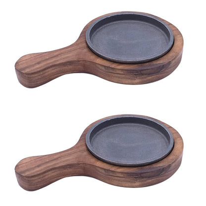 santarms Cast Iron Sizzler Plate with Wooden Stand Pack of 2