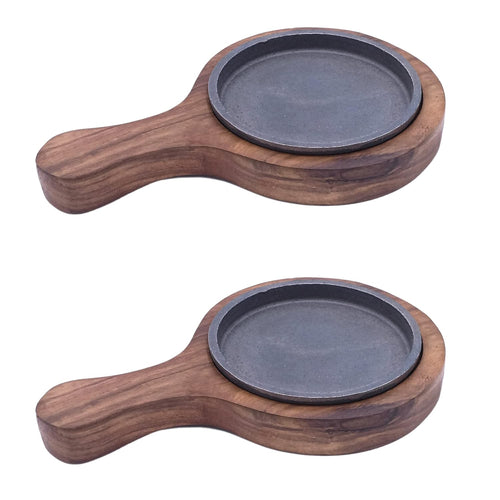 santarms Cast Iron Sizzler Plate with Wooden Stand Pack of 2