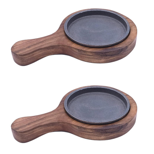 santarms Cast Iron Sizzler Plate with Wooden Stand Pack of 2