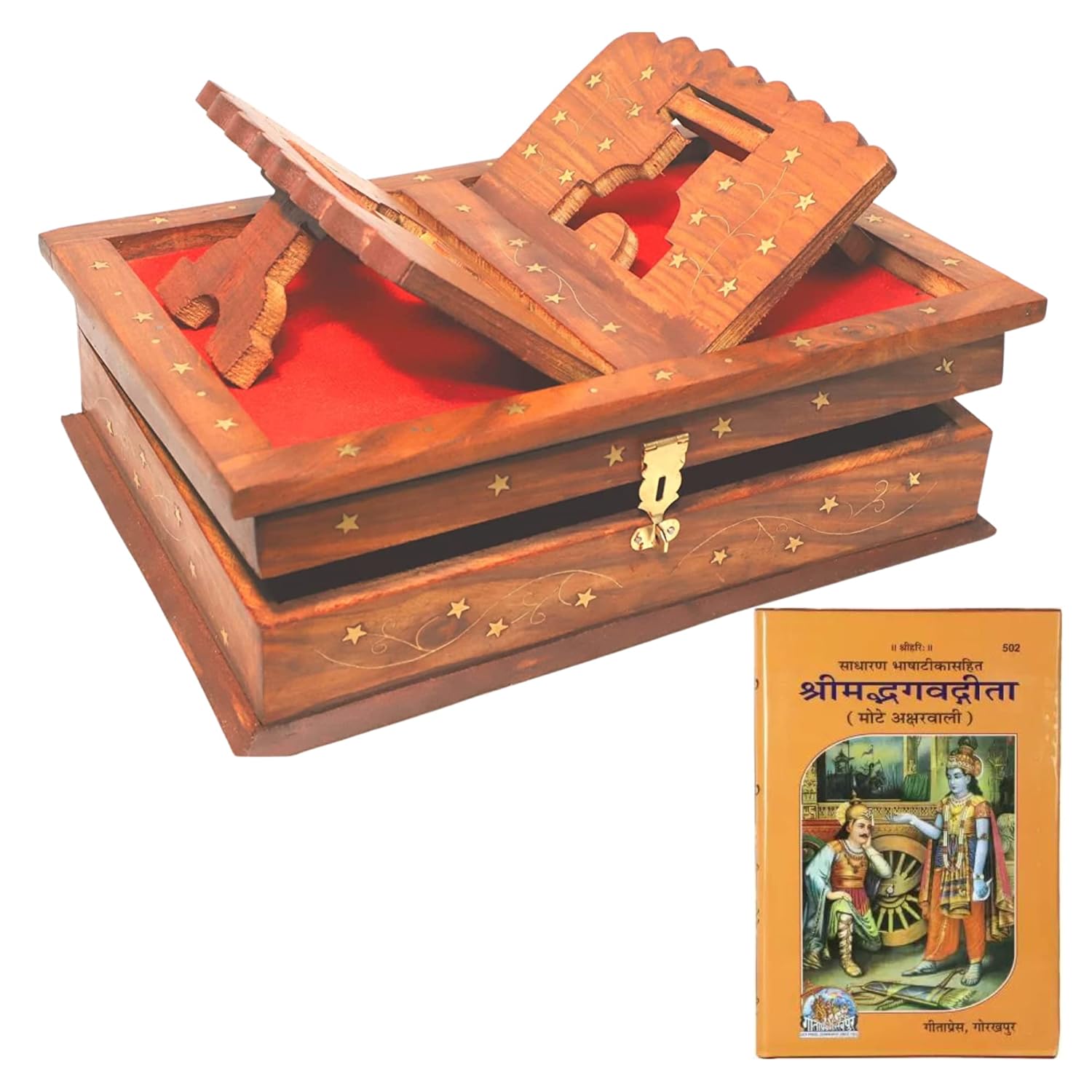 Santarms Shreemad Bhagavad Geeta With Wooden Box and Foldable Stand for Reading - Bhagwat Gita With Brass Inlay Work for Pooja