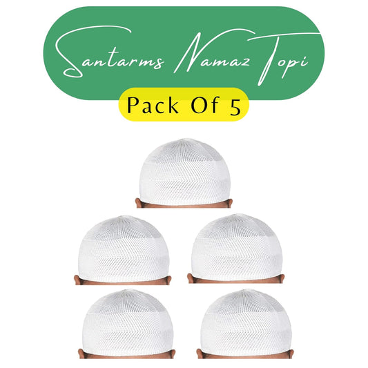 santarms Islamic Prayer Kufi Muslim Cap for Men or boy namaz topi for namaz (5 Cap) White