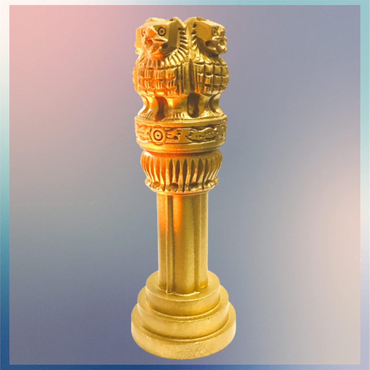 santarms Wooden Ashoka Stambh Pillar for Office Desk and Car Dashboard, Hand-Carved Sculpture Ashok Head/Piller for Table (4 Inch)
