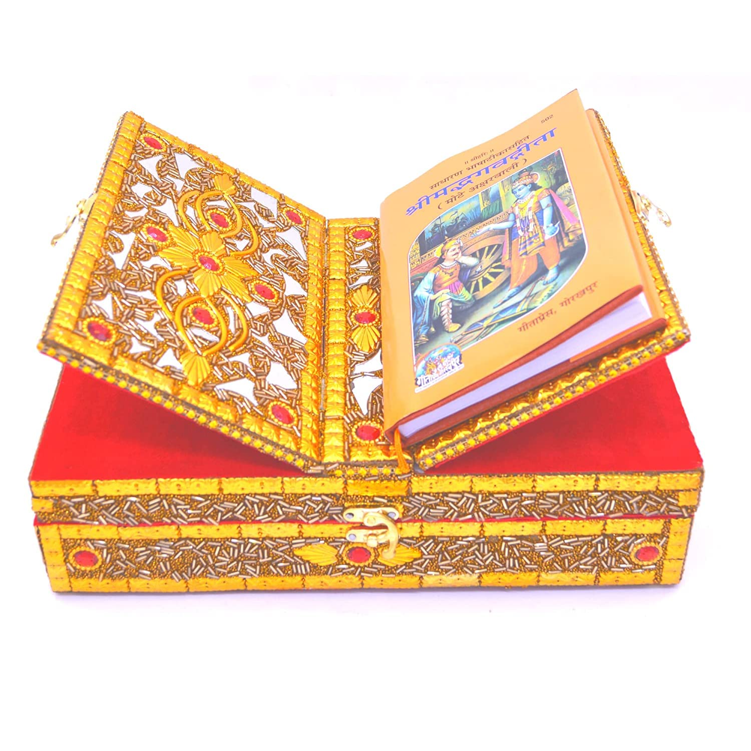 Santarms Handmade Wood Geeta Box for Reading - Geeta Stand Fordable bhagwat Geeta Stand Box | Book Stand Pooja Bhagwat Ramayan Holder Gita Ramayanam Book with Stand Box bhagwat Geeta Box