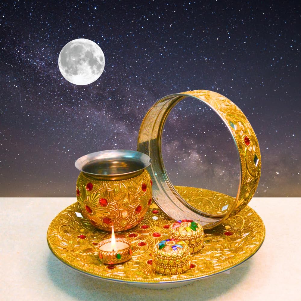 Santarms Karva Chauth Thaali Set Elegant Beaded Thali Combo with Kalash Chalni Diya Singhora Sindoor Box Includes 10 Grams of Red Sindoor Traditional and Decorative for Celebrating