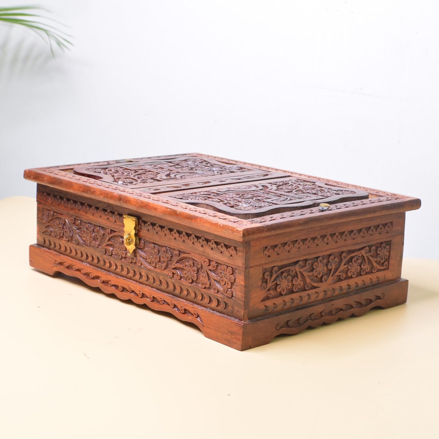 Santarms Wooden Decor Holy Book Stand Box for Reading Quran, Geeta, Guru Granth Sahib, Bible | Book Box with Intricate Carving - Ideal for Diwali Gift