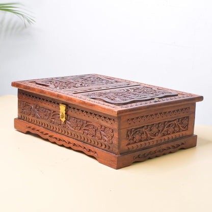Santarms Wooden Decor Holy Book Stand Box for Reading Quran, Geeta, Guru Granth Sahib, Bible | Book Box with Intricate Carving - Ideal for Diwali Gift
