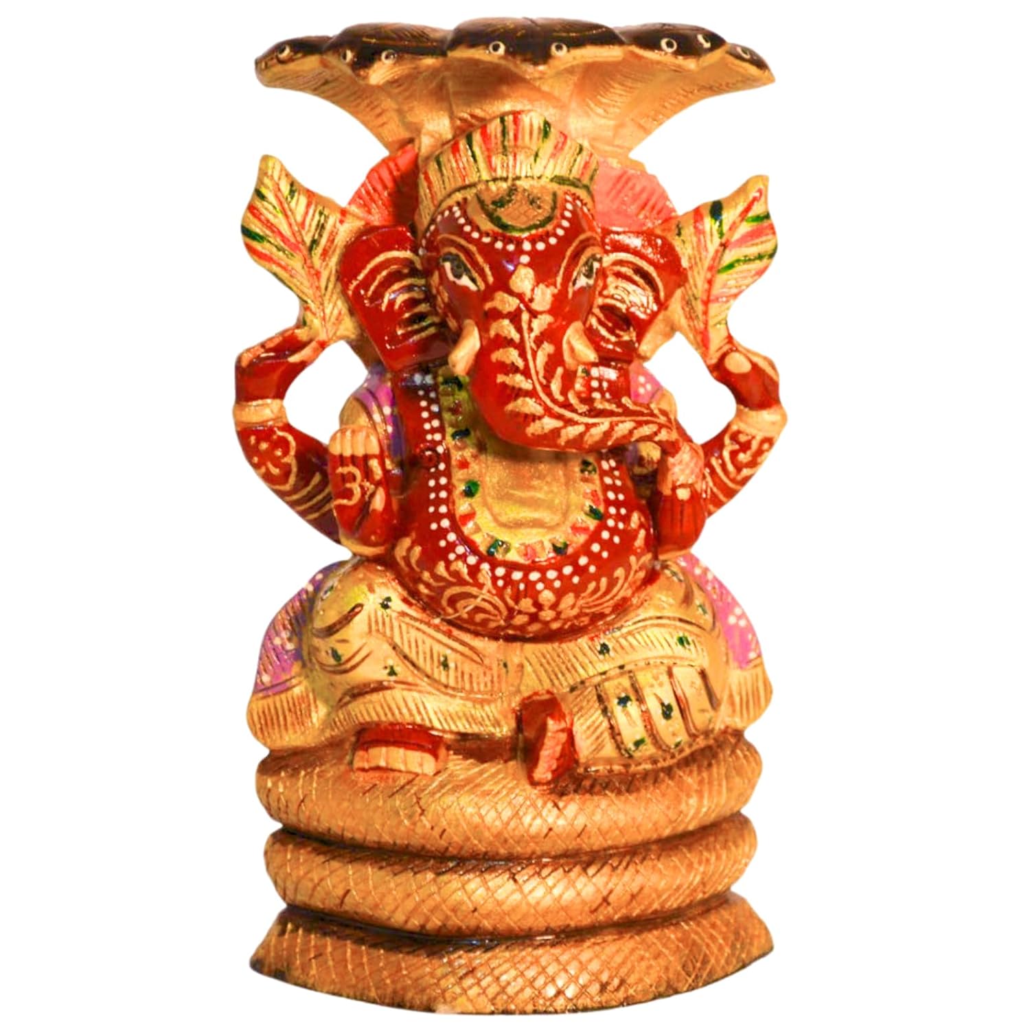 santarms Handmade Wooden Ganesh Ji on Sheshnaag Sitting Idol for Tabletop, Home & Office Decoration - Lord Ganesha, Vighnaharta, Vasuki Naag Pooja, Fine Ganapathi Showpiece, Best Gifting, Pack of 1