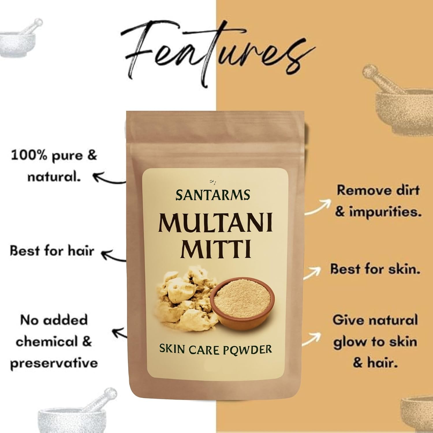 Santarms Multani Mitti Powder for Face, Glowing Skin, Acne Control & Oil Removal | Natural Fuller’s Earth Clay for Hair | Skin Brightening Cleanser Mask - 200g