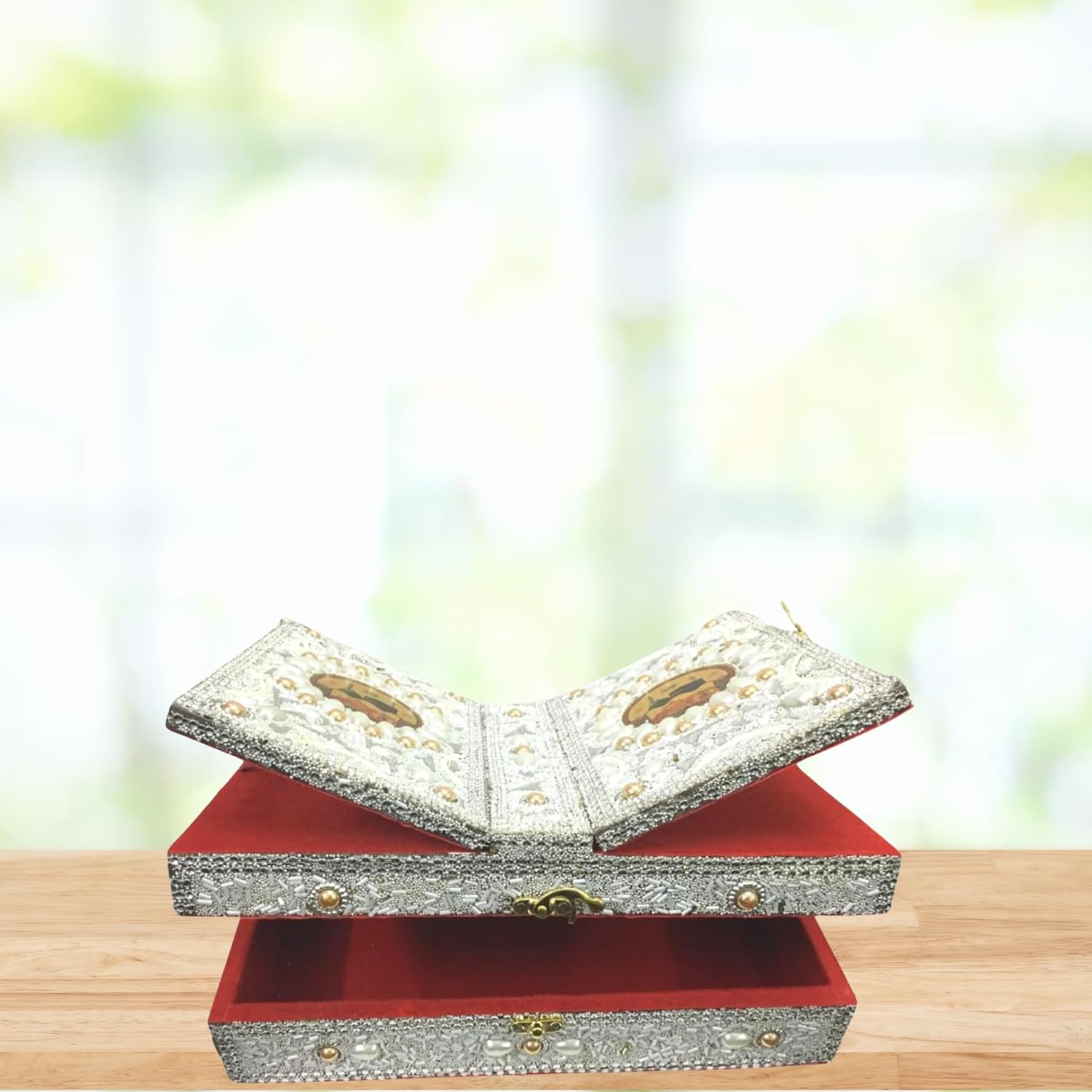 santarms Elegant Wooden Quran Book Holder For Reading - Intricately Designed Box With Rehal Stand | Holy Quran Holder For Reverent Display And Ease Of Use | Premium Wooden Rehal For Sacred Reading