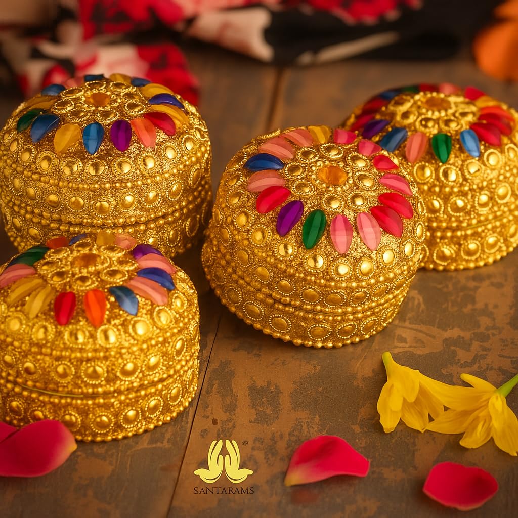 santarms Aluminium Handcrafted Golden Sindoor Box for Women, Jaipuri Round Kumkum Dabbi/Dibbi Sindur Dani with 5gm Red Sindoor and Stick Applicator (4)