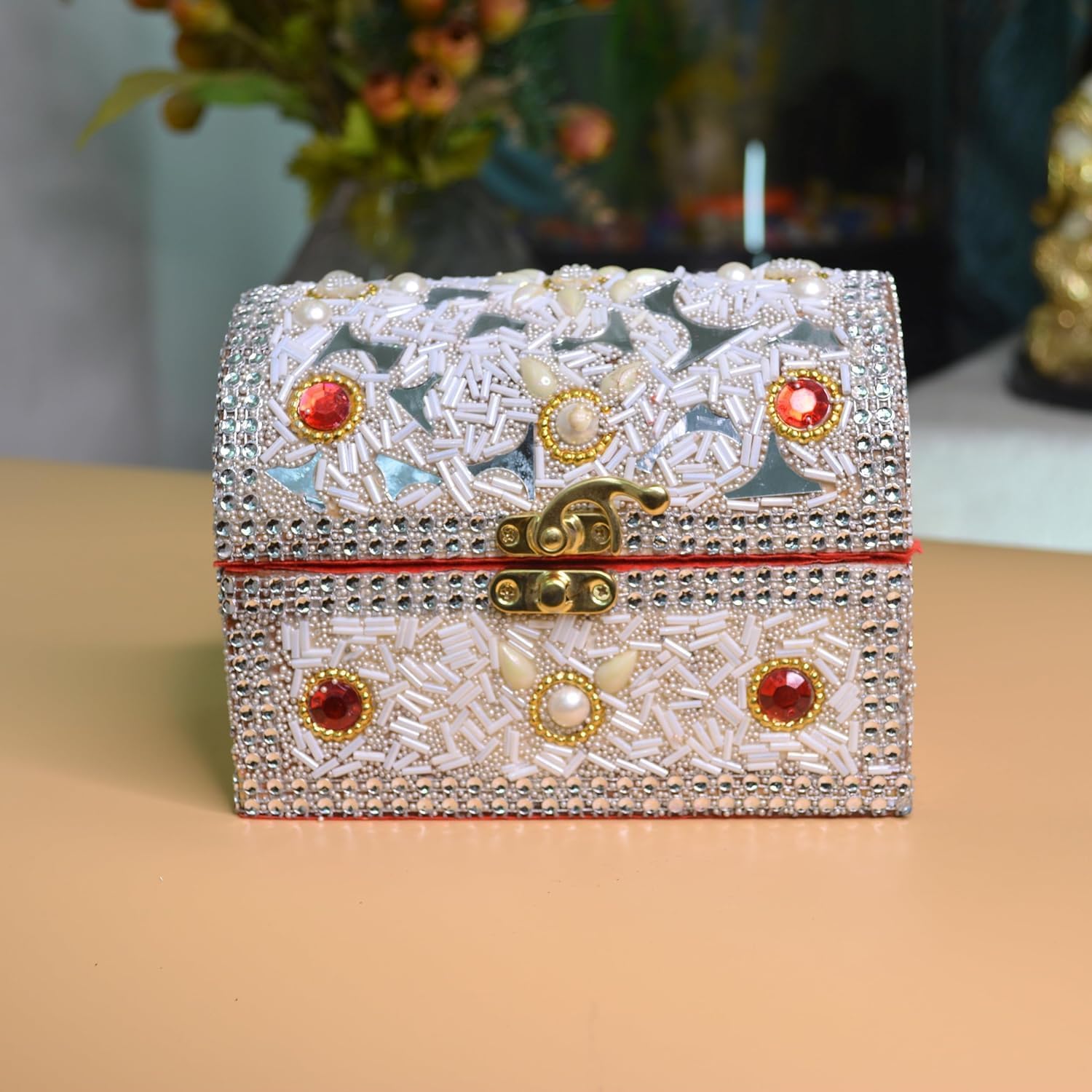 santarms Beads Work Jewellery Craft Box (White) | 10 cm Handmade Wooden Jewelry Box with Lock | Shringar Box for Brides | Wedding Gift for Married Women