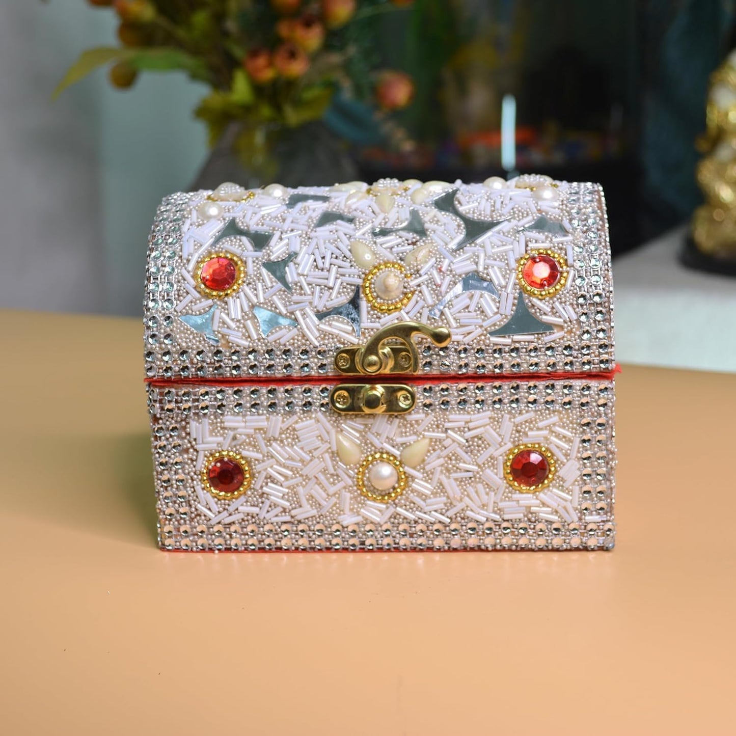 santarms Beads Work Jewellery Craft Box (White) | 10 cm Handmade Wooden Jewelry Box with Lock | Shringar Box for Brides | Wedding Gift for Married Women