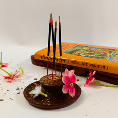 Santarms Wooden Round Shaped Incense Stick Holder Cum Dhoop Agarbatti Stand Set Ideal for Gift Handcrafted Elegant Brown Finish Versatile Design Meditation and Aromatic Rituals