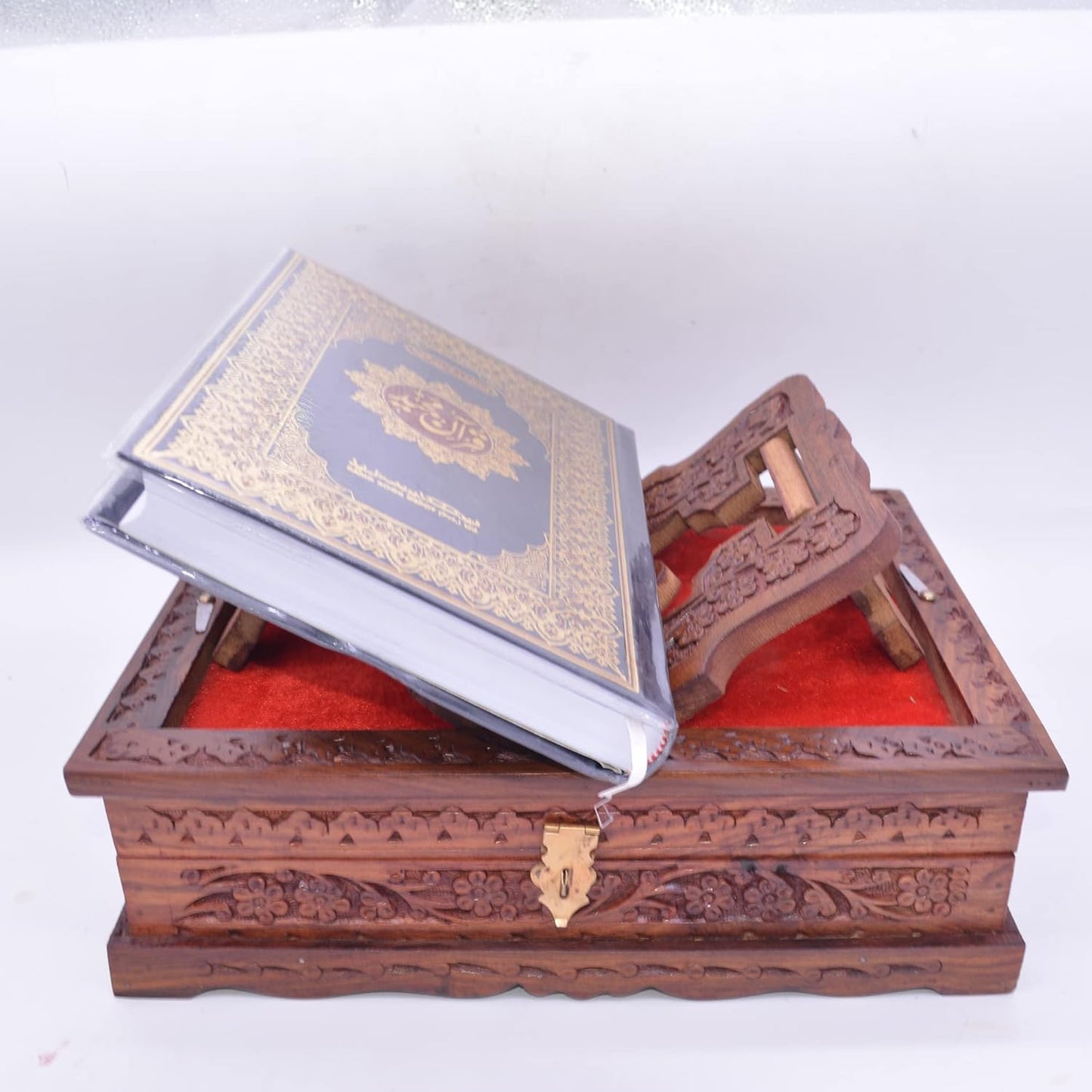 Santarms Holy Quran Book (in Arabic) with Wooden Quran Box for Reading | Ramadan Gifts Gift Hamper Set Handcrafted Fordable Book Box with Rehal Stand | Holy Book Holder with Rihal