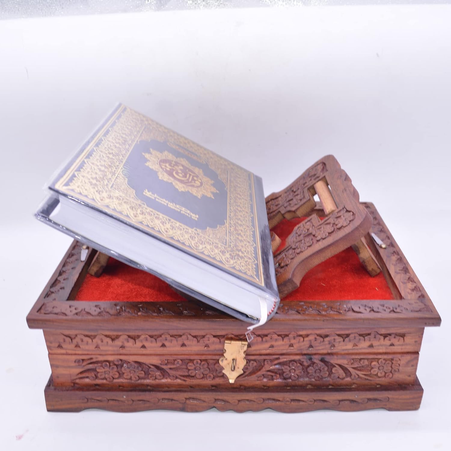 Santarms Holy Quran Book (in Arabic) with Wooden Quran Box for Reading | Ramadan Gifts Gift Hamper Set Handcrafted Fordable Book Box with Rehal Stand | Holy Book Holder with Rihal