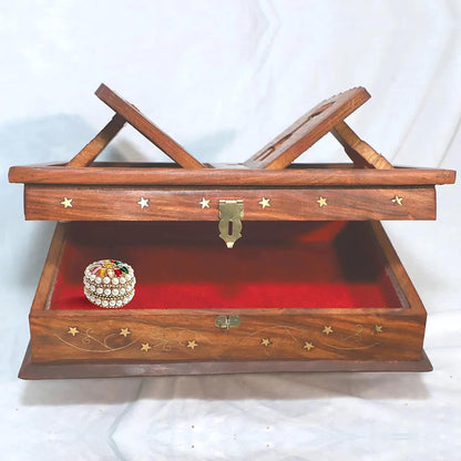 Santarms Handmade Wooden Holy Book Stand - Foldable Rehal Holy Books Book Box | Quran Sharif Quran Box Granth Pooja Bhagwat Ramayan Holder Rihal Bible Gita Ramayanam WITH Small Box