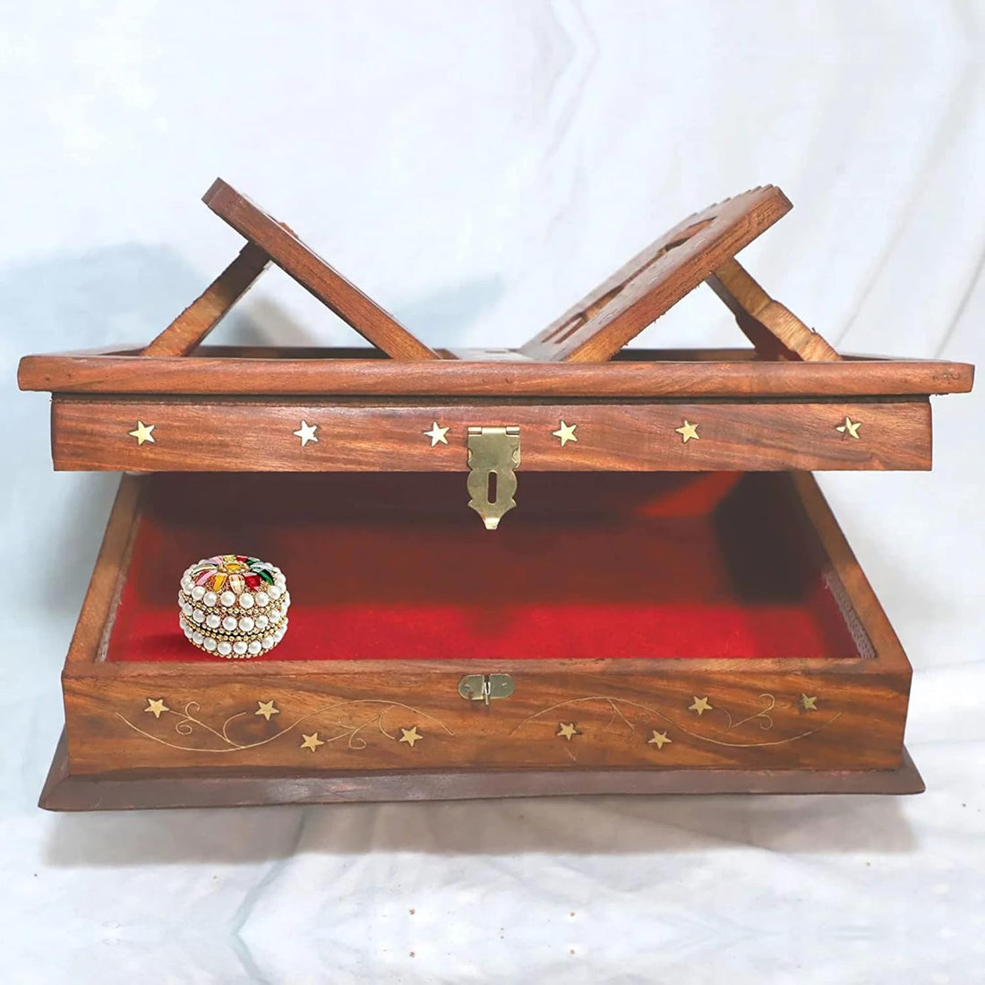 Santarms Handmade Wooden Holy Book Stand for Reading | Bible, Geeta Stand Fordable Rehal Holy Books Book Box | Quran, Granth Pooja Bhagwat Ramayan Holder with Small Box