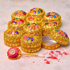 santarms Handmade Golden Small Kumkum Box Set Refillable Sindoor Shringardani With Multi-Color Gemstones Aluminum Round Moti Dibbi For Married Women Perfect Shadi Ka Gift, Pooja & Wedding (Set Of 4)
