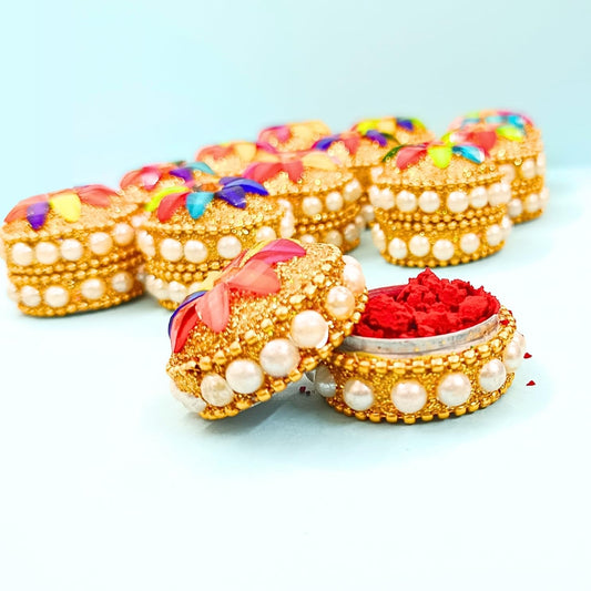 santarms Kumkum Box Set, Puja Round Sindur Dani Dabbi, Beautifully Designed Moti Dibbi (Pack of 12)
