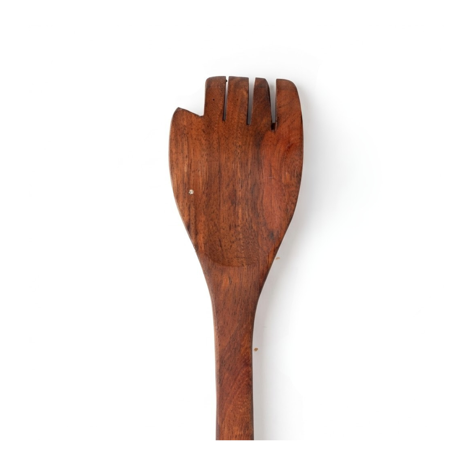 A single wooden salad spinner with a dark brown wood finish and visible grain, shown against a plain white background.