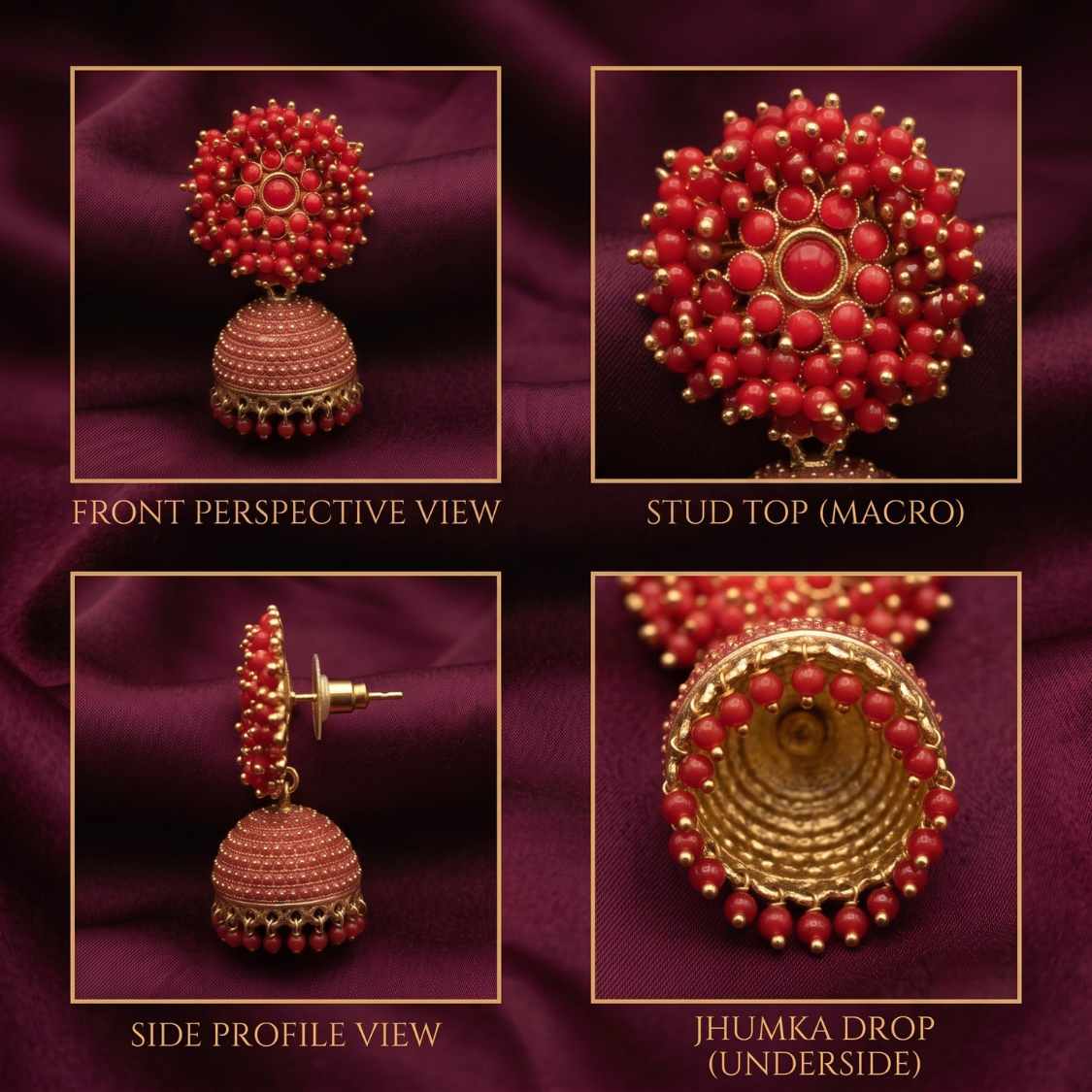 A four-panel product collage showing a red and gold jhumka earring from multiple angles: front perspective view, stud top macro view, side profile view, and underside view, set against a dark burgundy fabric background with gold borders and labels.