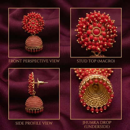 A four-panel product collage showing a red and gold jhumka earring from multiple angles: front perspective view, stud top macro view, side profile view, and underside view, set against a dark burgundy fabric background with gold borders and labels.