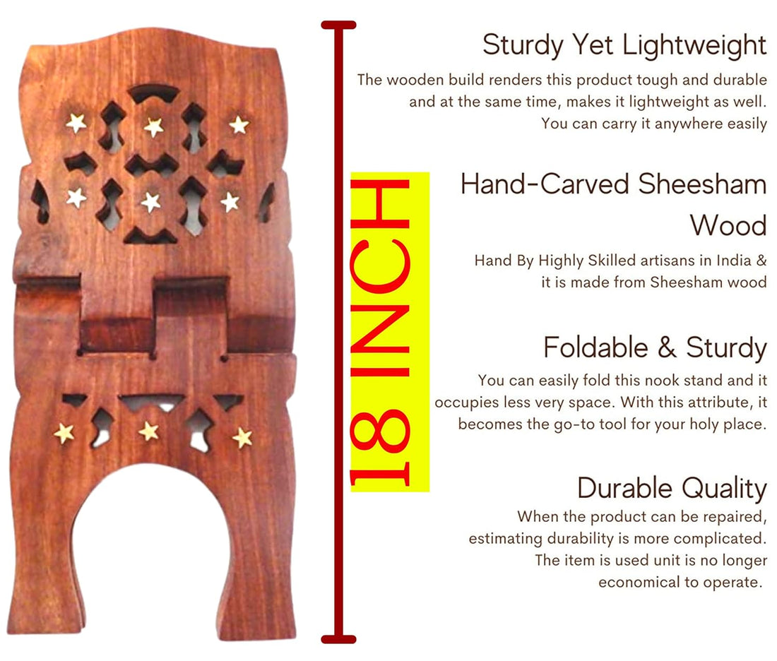 Santarms Wooden Holy Book Stand Rehal for Pooja Reading Geeta Bible Quran Books Sharif Holder Foldable Handmade Rihal Folding Wood Craft Best Kuran Shelf Rahel Items Wedding Gifts Size - 18" Inch