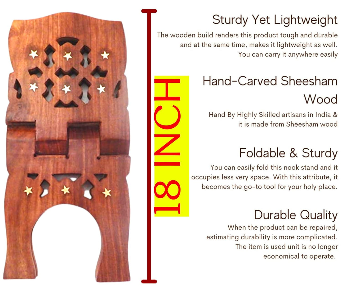 Santarms Wooden Holy Book Stand Rehal for Pooja Reading Geeta Bible Quran Books Sharif Holder Foldable Handmade Rihal Folding Wood Craft Best Kuran Shelf Rahel Items Wedding Gifts Size - 18" Inch
