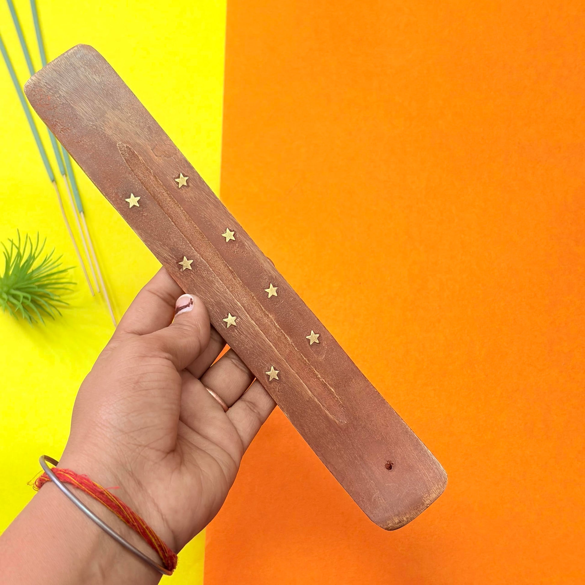 Santarms Wooden Incense Stick Holder 10 Inch – Handmade Agarbatti Stand Ash Catcher with Floral Design for Home, Office and Temple (Beige)