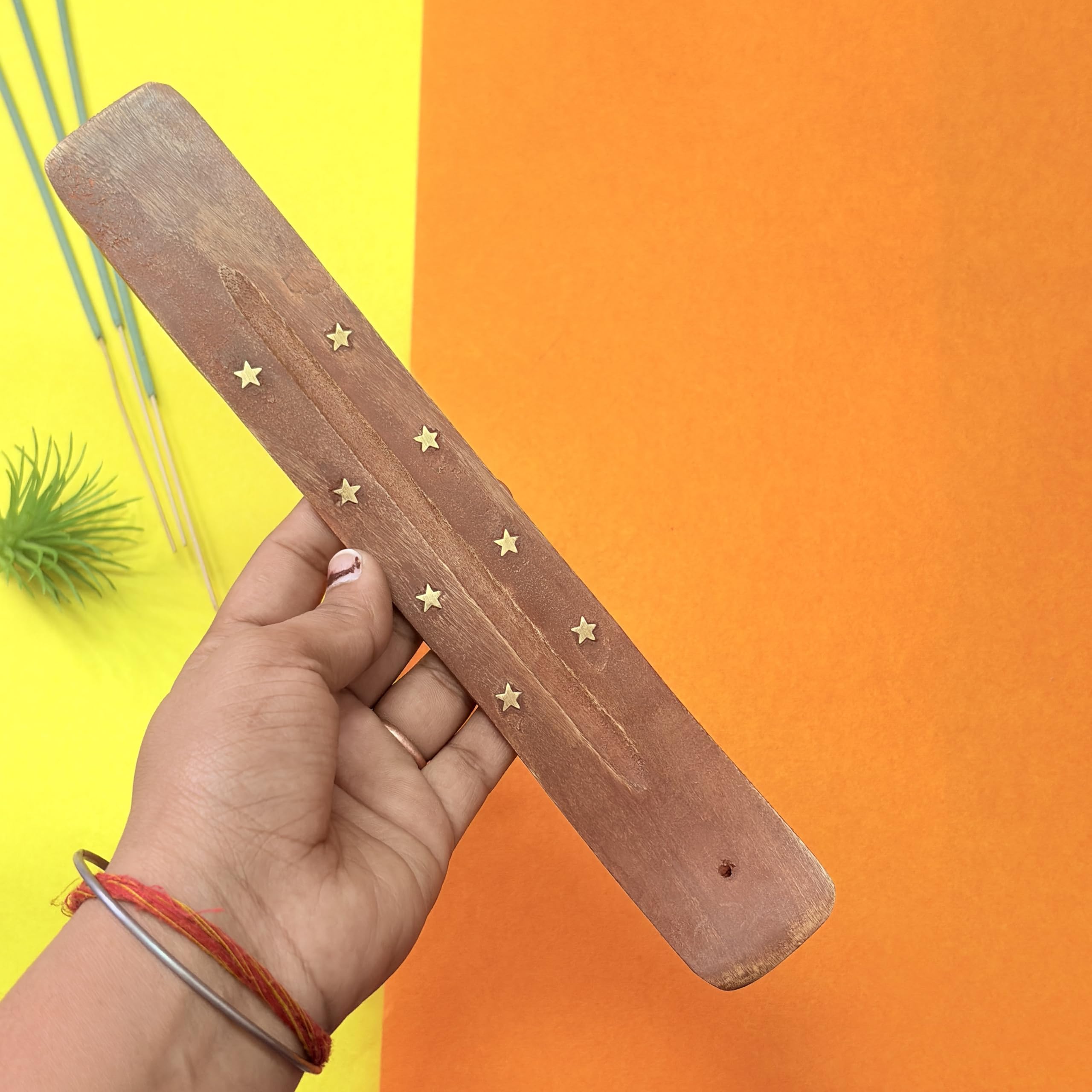 Santarms Wooden Incense Stick Holder 10 Inch – Handmade Agarbatti Stand Ash Catcher with Floral Design for Home, Office and Temple (Beige)