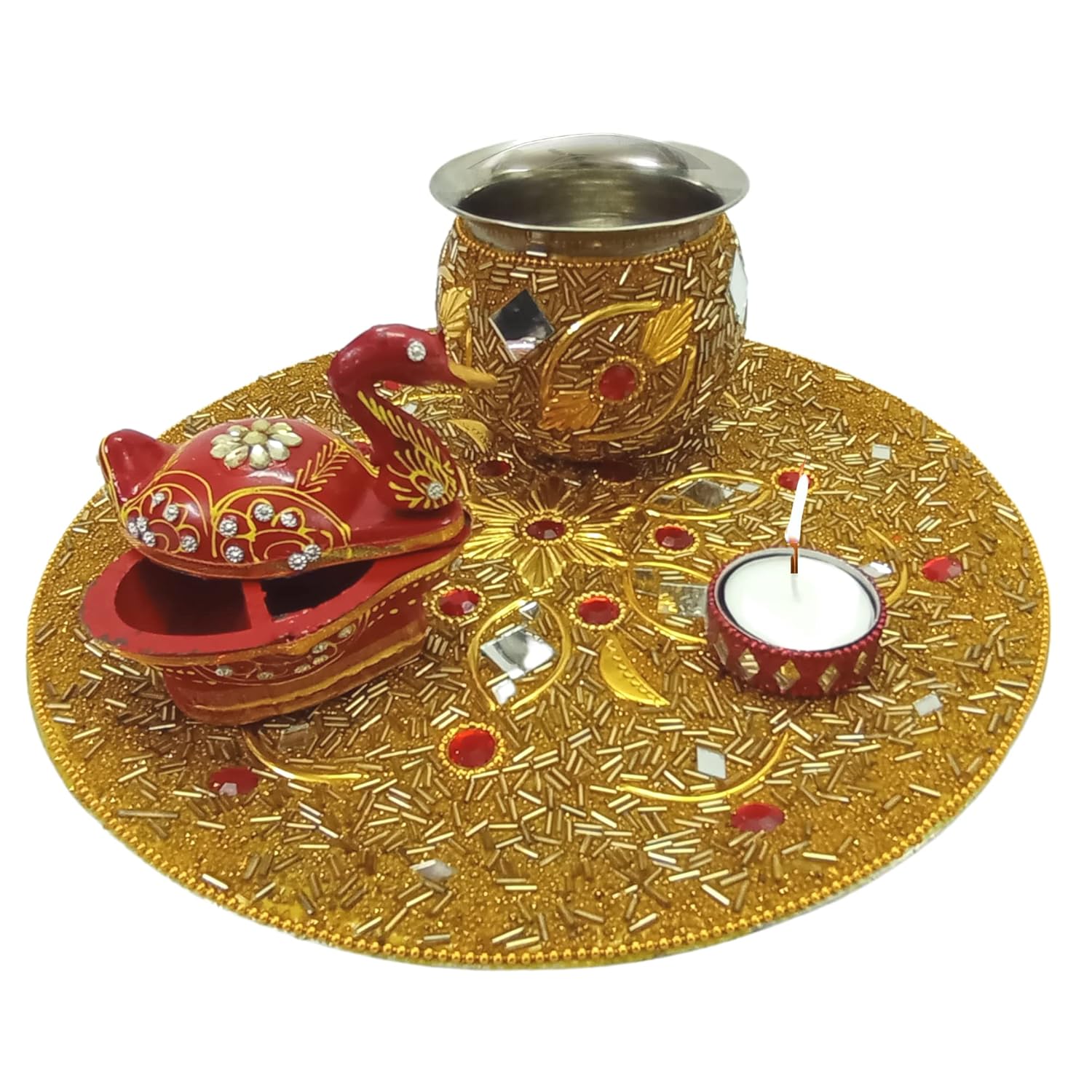 Santarms puja thali Set | Pooja thali Items with Duck Kumkum Box Decorative thali Set Kalash Diwali Decoration Diwali ka Gifts thali Lakshmi Ganesh aarti karwachauth Pooja Gift Items Pooja Articles