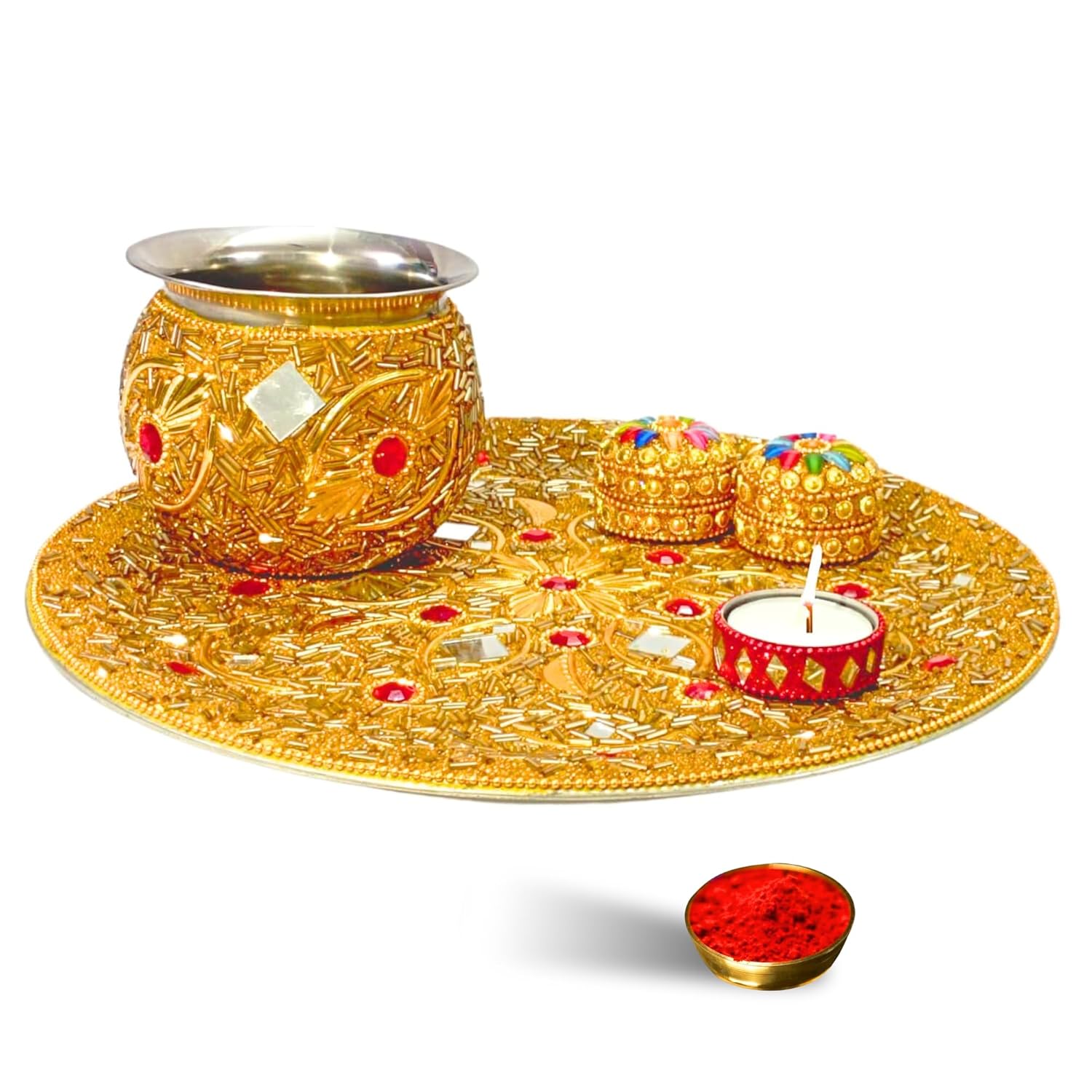 Santarms Karva Chauth Thaali Set Elegant Beaded Thali Combo with Kalash Chalni Diya Singhora Sindoor Box Includes 10 Grams of Red Sindoor Traditional and Decorative for Celebrating