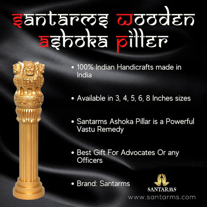 santarms Wooden Ashoka Stambh Pillar for Office Desk and Car Dashboard, Hand-Carved Sculpture Ashok Head/Piller for Table (3 Inch)