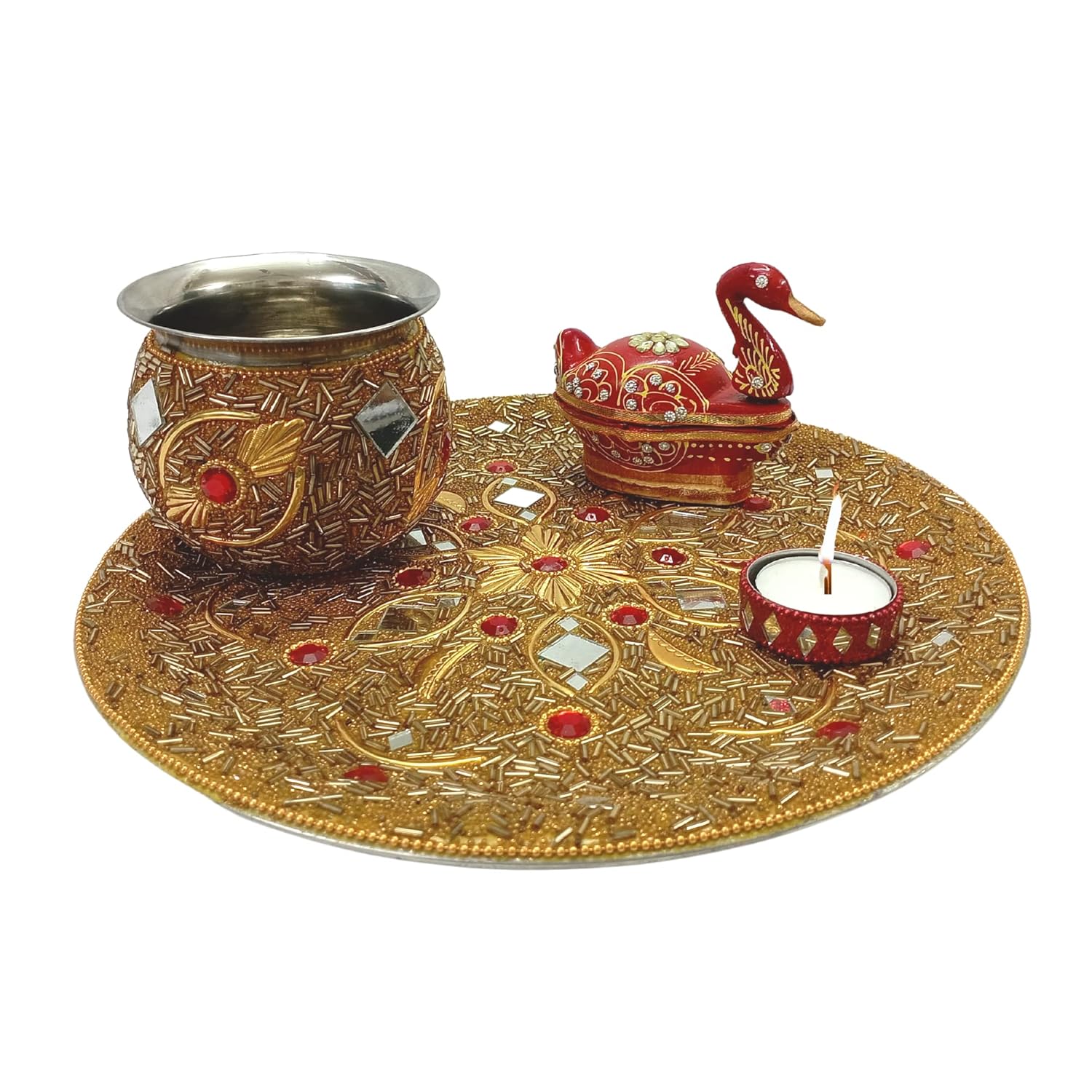 Santarms puja thali Set | Pooja thali Items with Duck Kumkum Box Decorative thali Set Kalash Diwali Decoration Diwali ka Gifts thali Lakshmi Ganesh aarti karwachauth Pooja Gift Items Pooja Articles