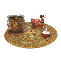Santarms puja thali Set | Pooja thali Items with Duck Kumkum Box Decorative thali Set Kalash Diwali Decoration Diwali ka Gifts thali Lakshmi Ganesh aarti karwachauth Pooja Gift Items Pooja Articles