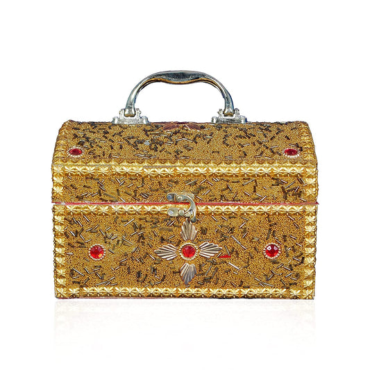 Santarms Wooden and Golden Handcrafted Rajwada Jewellery and Storage Box With Lock System for Makeup and Vanity - Singardani for Women (Golden)