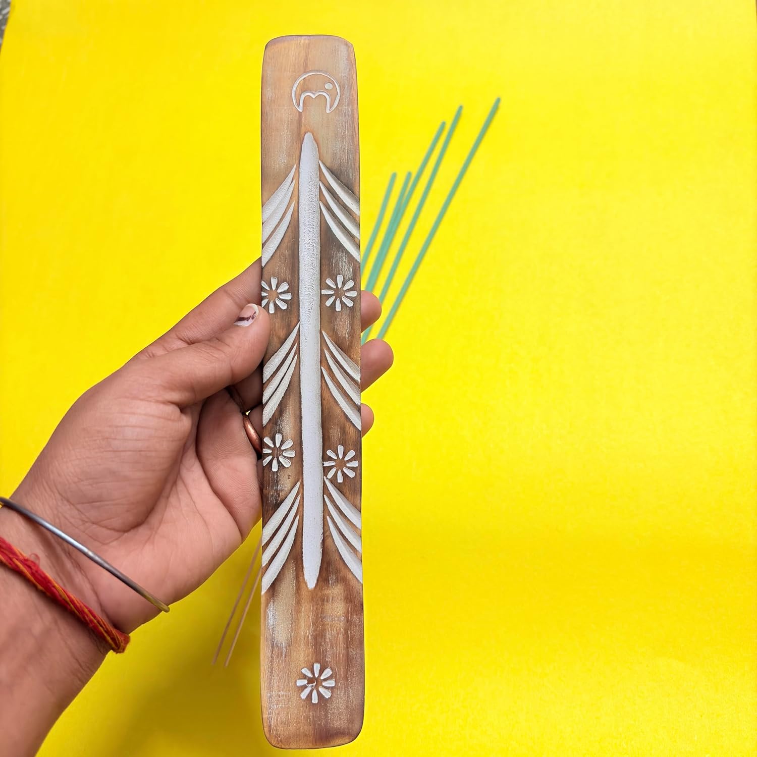 Santarms Wooden Incense Stick Holder 10 Inch – Handmade Agarbatti Stand Ash Catcher with Floral Design for Home, Office and Temple (Beige)