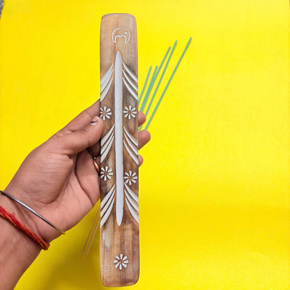 Santarms Wooden Incense Stick Holder 10 Inch – Handmade Agarbatti Stand Ash Catcher with Floral Design for Home, Office and Temple (Beige)