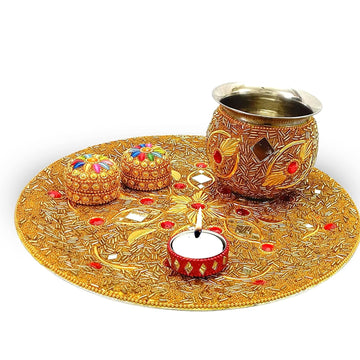 Santarms Pooja Thali with Kalash, Kumkum Boxes and Diya for Pooja Decoration